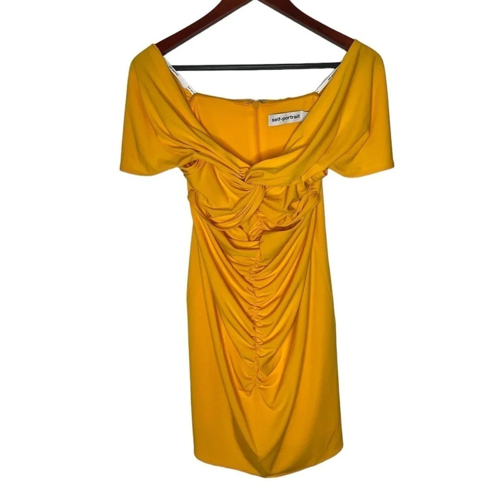 Self-Portrait Dress Bodycon Mini Size 8 Yellow Jersey Off-Shoulder Ruched - Picture 2 of 13